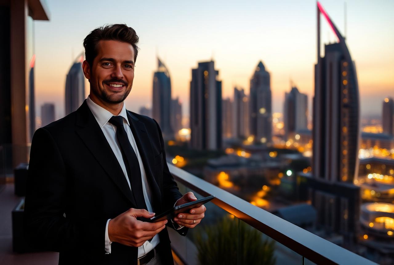 Real estate closer on a Dubai rooftop at dusk