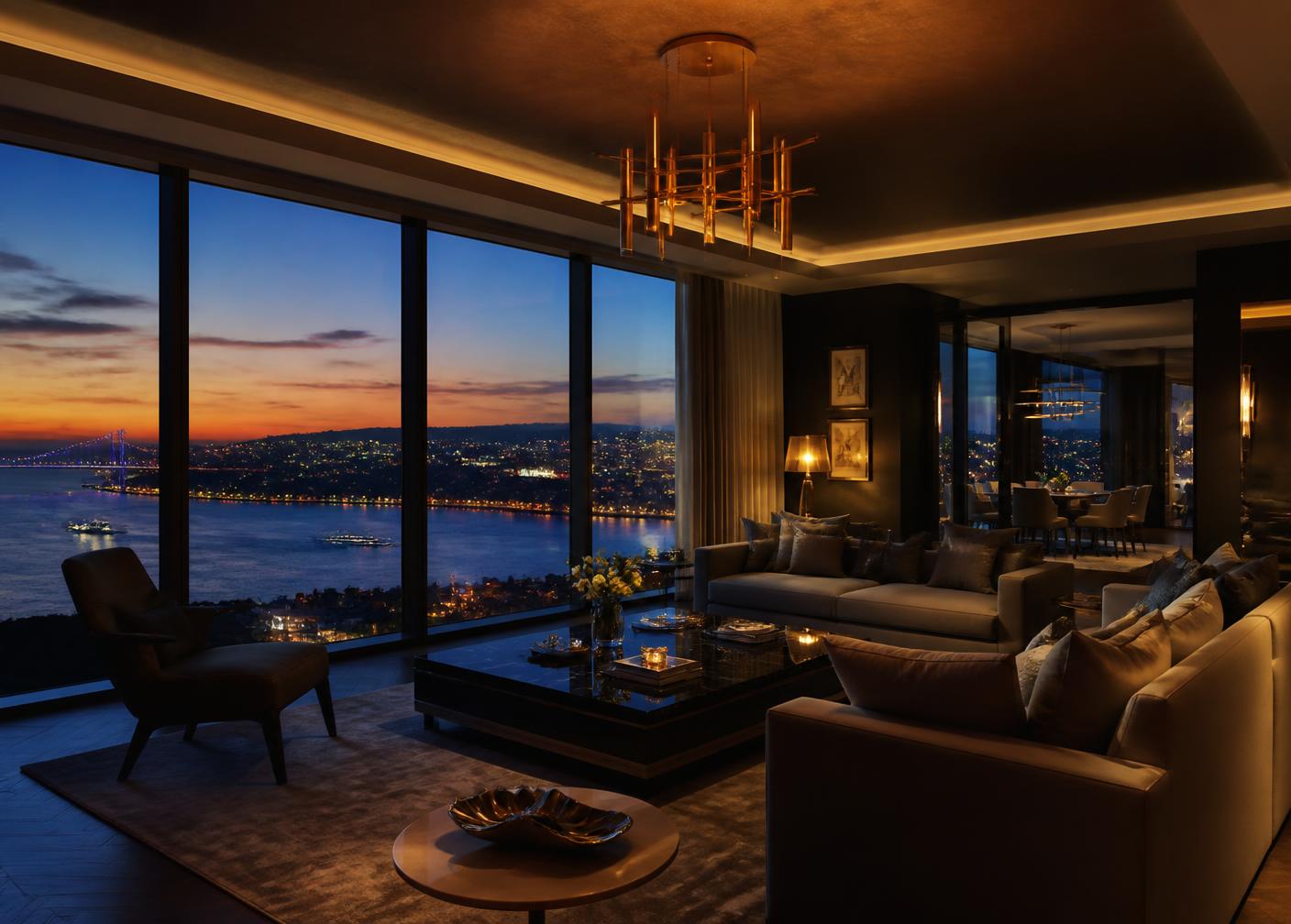 Luxury Istanbul residence interior with Bosphorus view