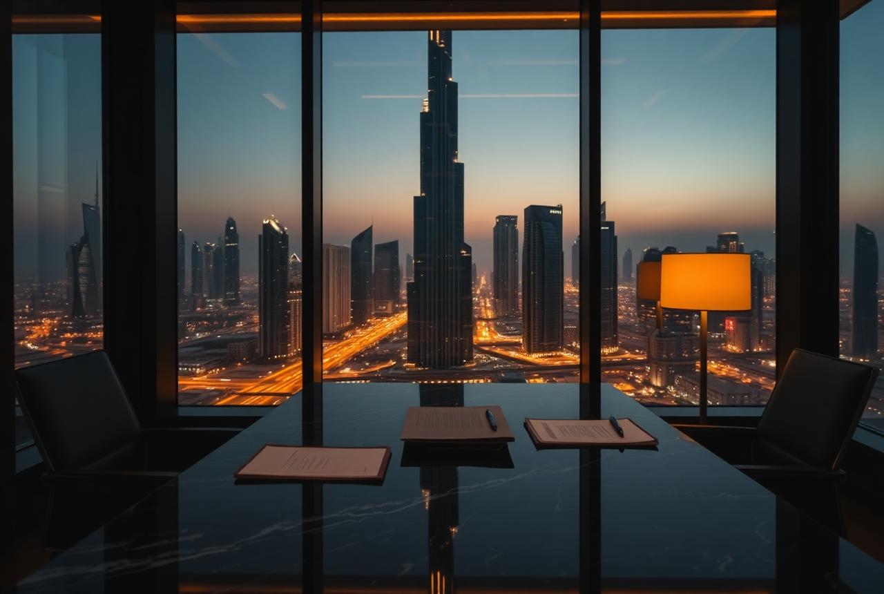 Private capital advisory desk overlooking the Dubai skyline