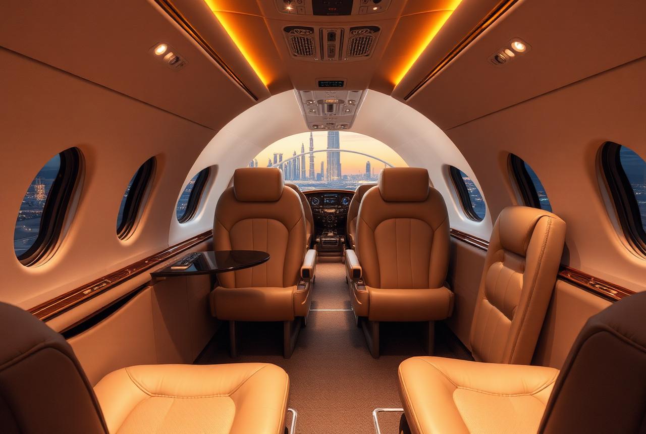 Private jet interior with the Dubai skyline at dusk