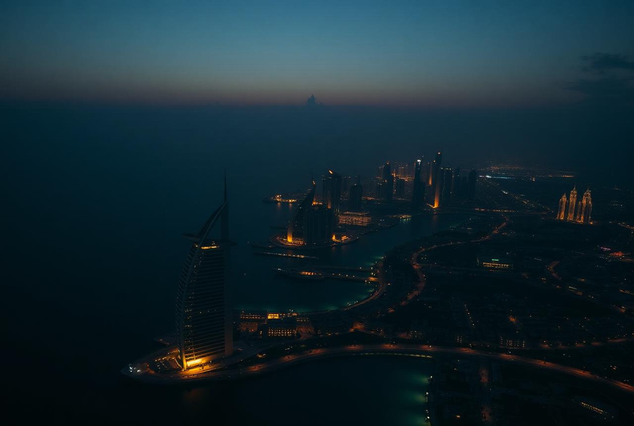Aerial dusk view of the Dubai skyline and Palm Jumeirah