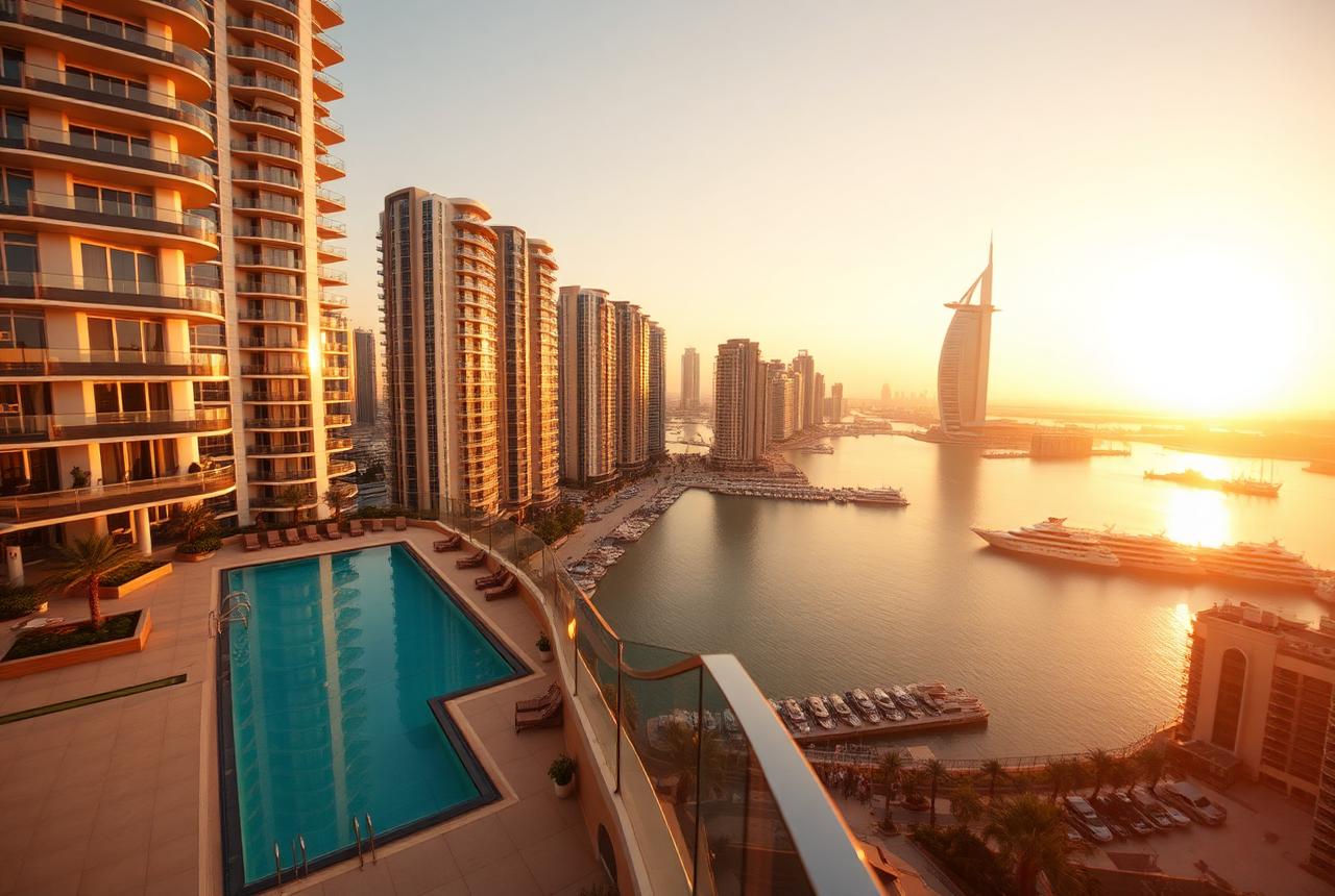 Luxury Dubai Marina waterfront residences at golden hour
