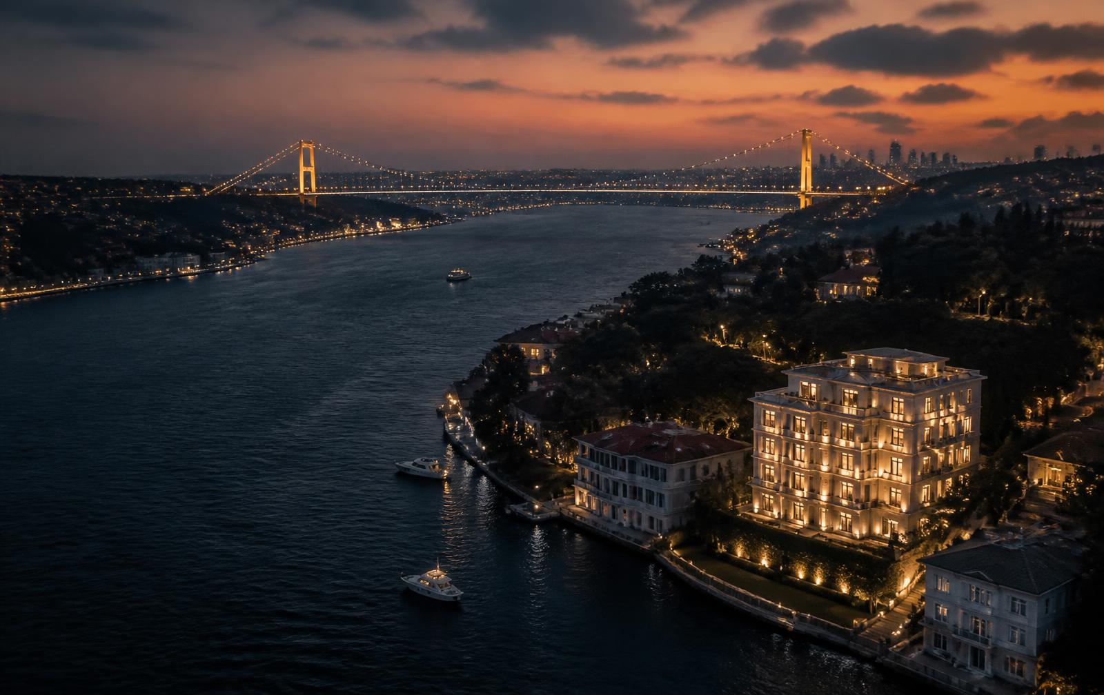 Istanbul Bosphorus waterfront residences at dusk